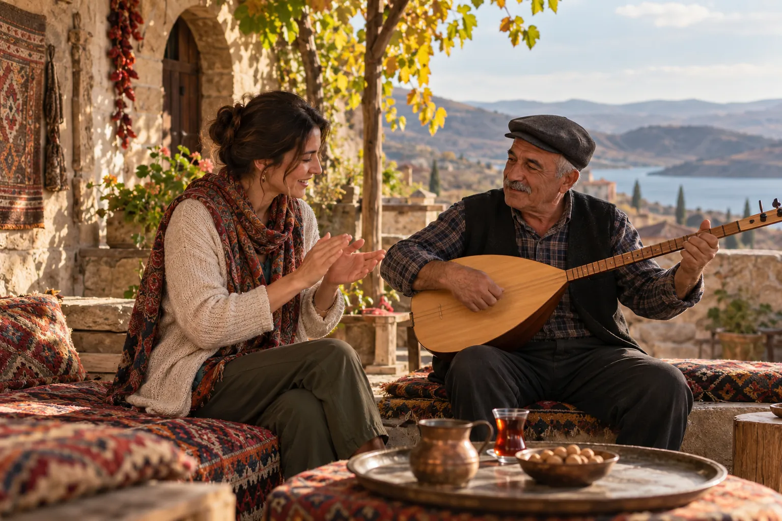 Taş avluda bağlama eşliğinde sohbet eden iki yetişkin