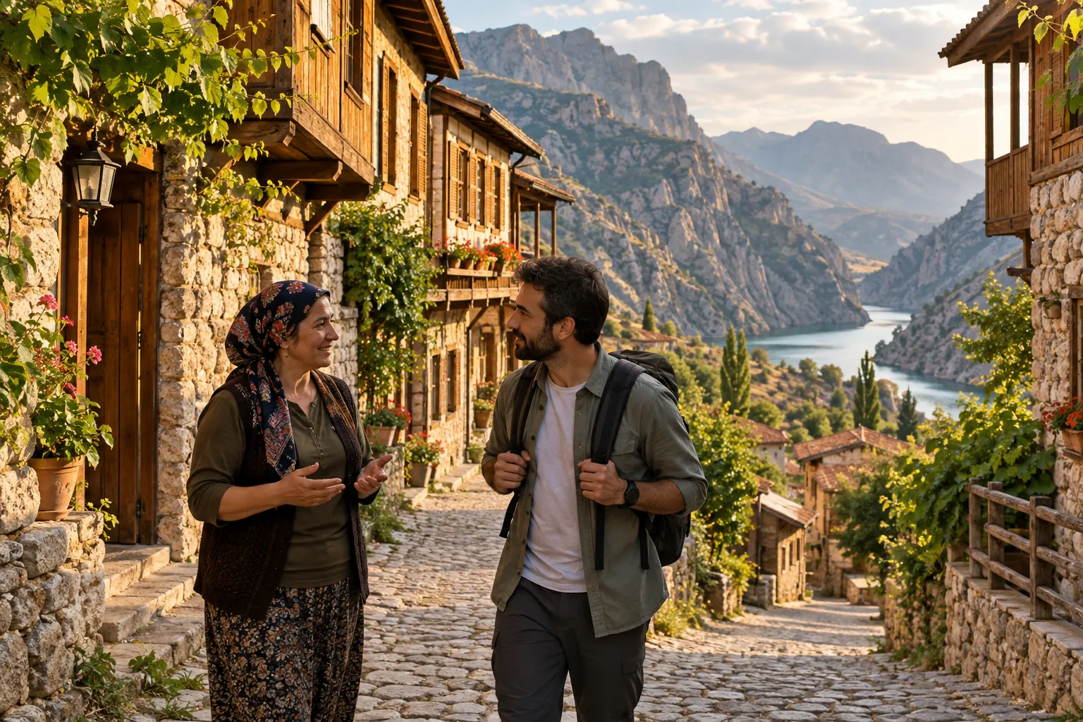Kemaliye evlerinden esinlenen sokakta sohbet eden iki gezgin