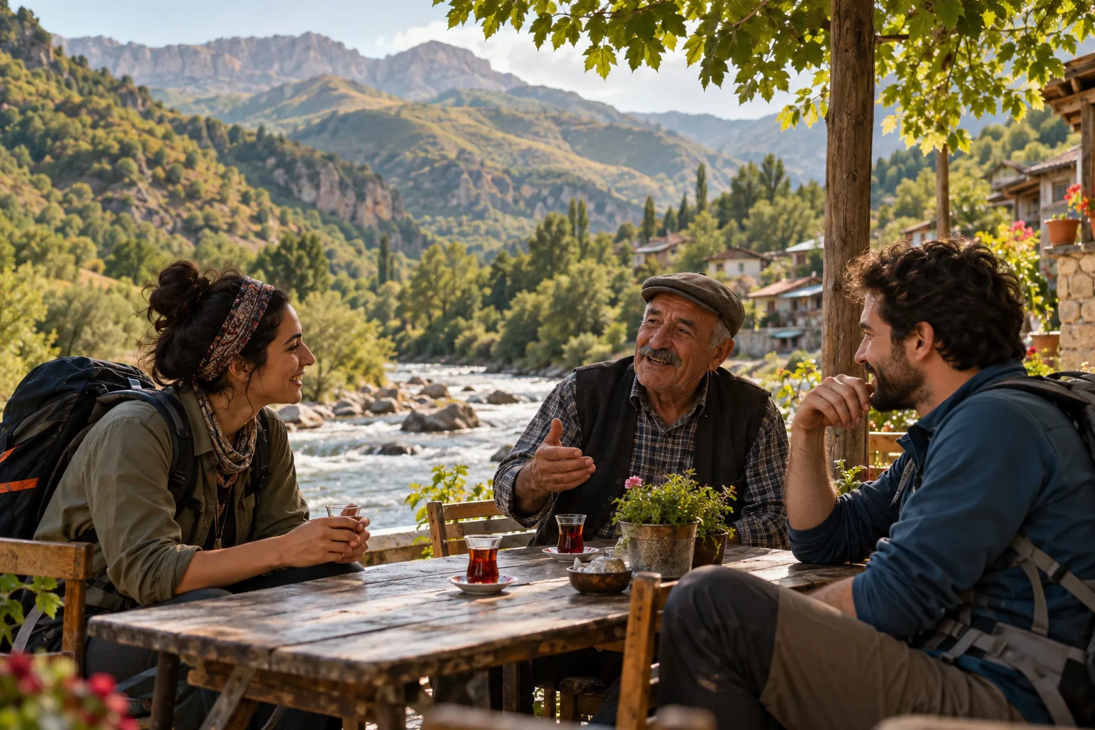 Dağ vadisindeki çay bahçesinde sohbet eden gezginler ve yerel bir yetişkin