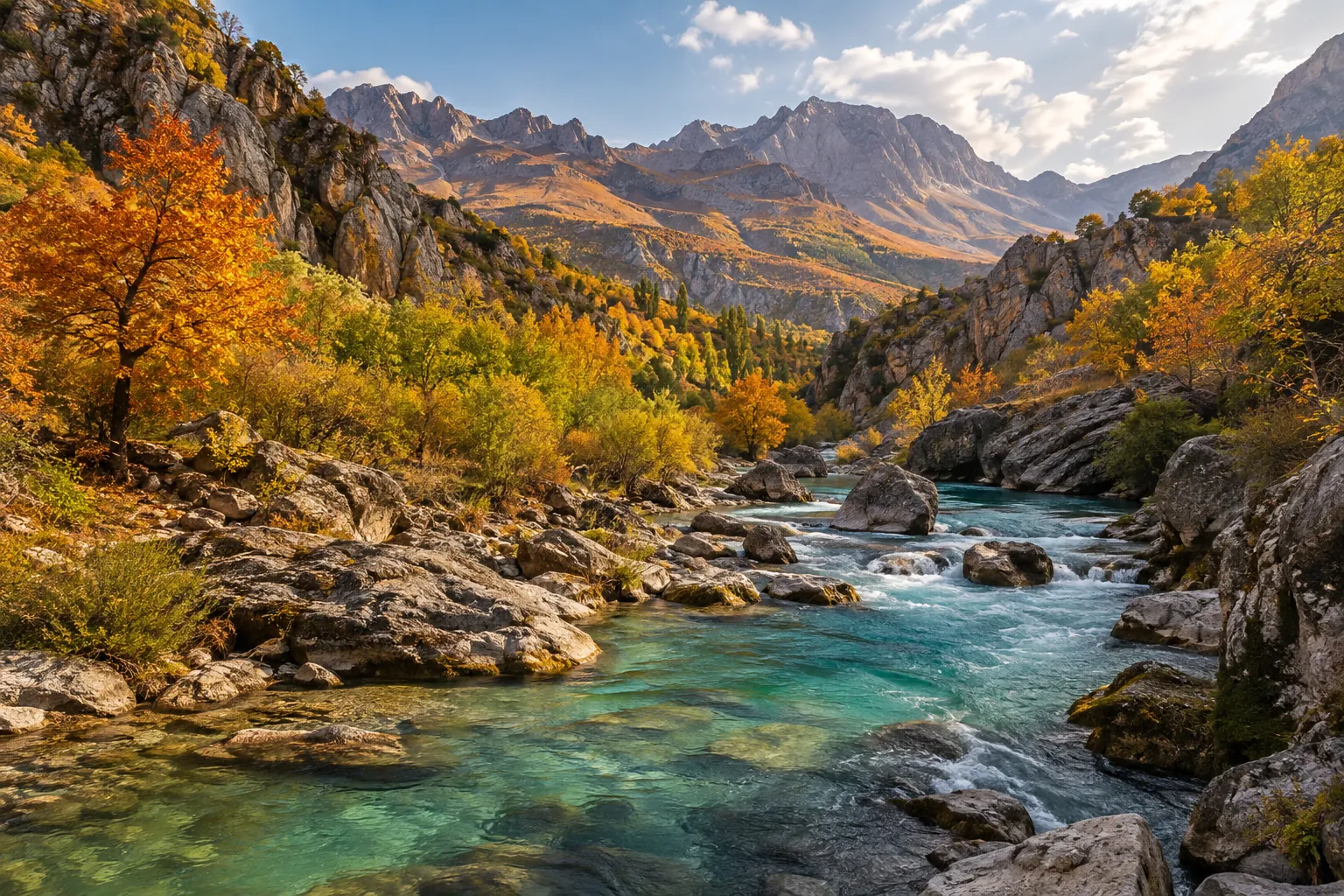 Munzur doğasından esinlenen berrak akarsu ve sonbahar ağaçları