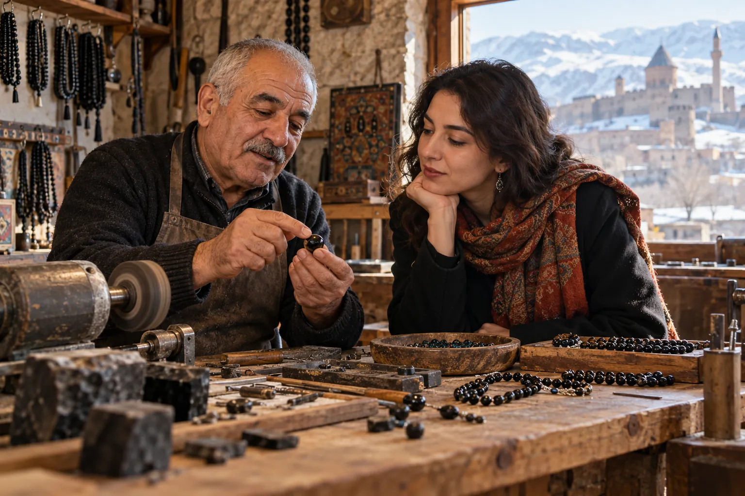 Oltu taşı işçiliğinden esinlenen atölyede usta ve ziyaretçi