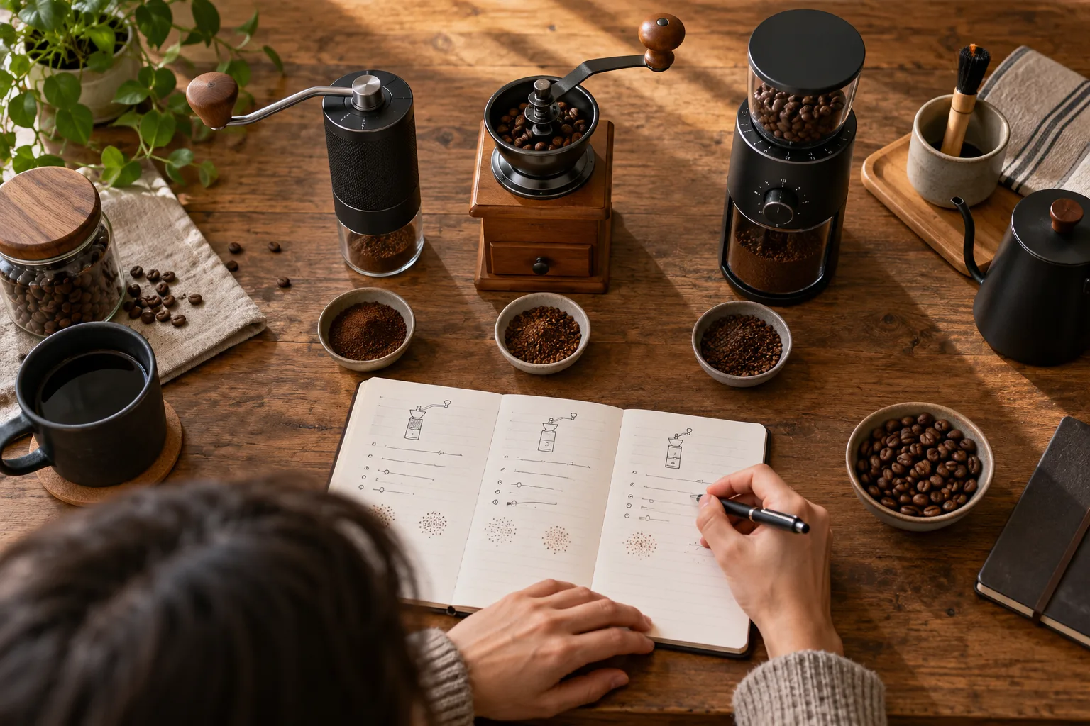 3 つのコーヒーマッサージ機を比較し、ノートを取る製品レビュー者; イラスト画像