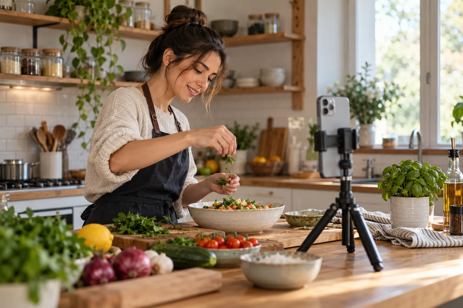 自宅のキッチンでスマートフォンと三脚を使い、料理の縦型動画を撮影する女性(イメージ画像)
